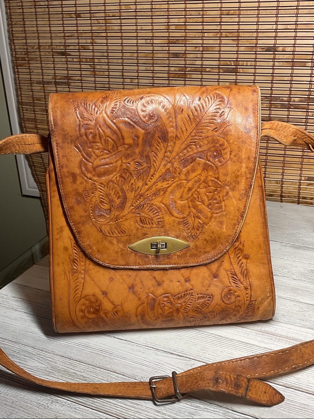 Vintage Tooled Leather Western Purse Brown Floral Hand Tooled Shoulder Bag Boho